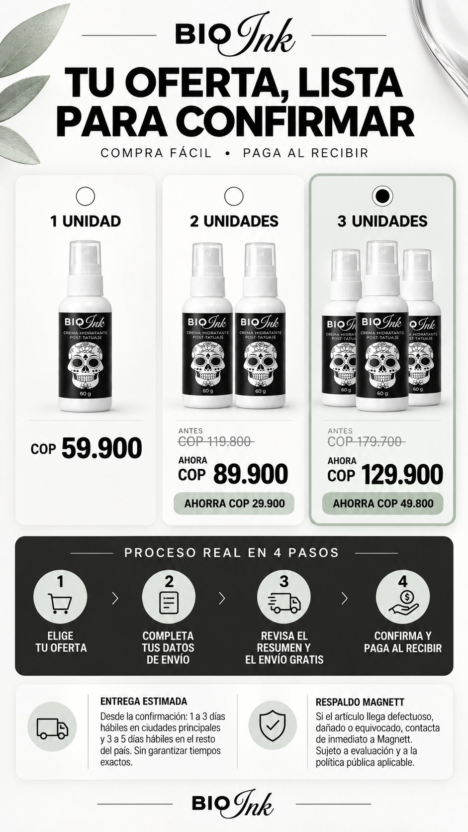 Ofertas, proceso de compra, entrega y respaldo de BIO Ink