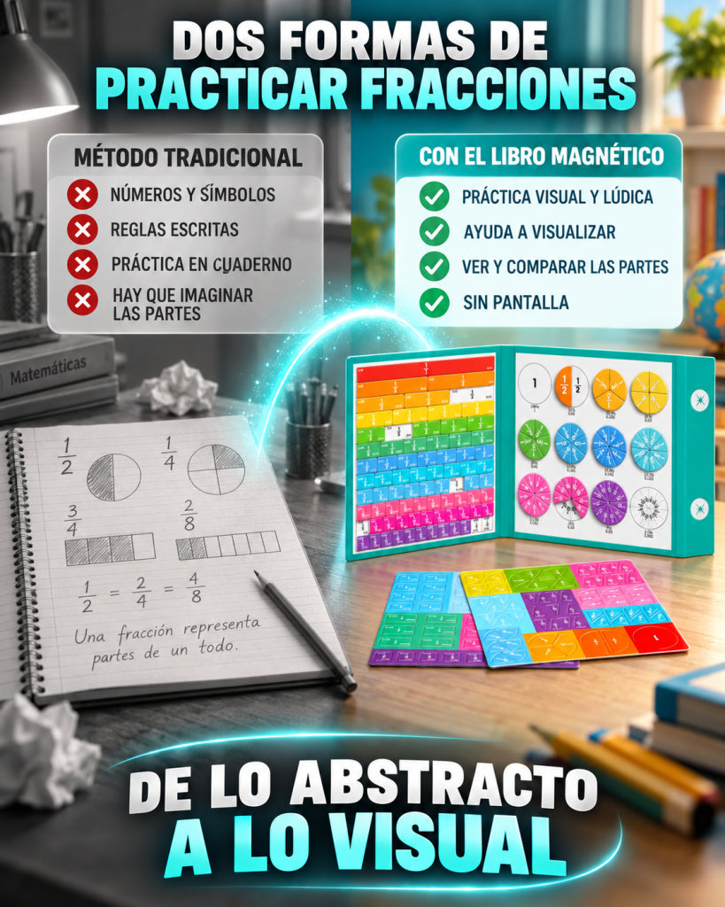 Dos formas de practicar fracciones: método tradicional y libro magnético