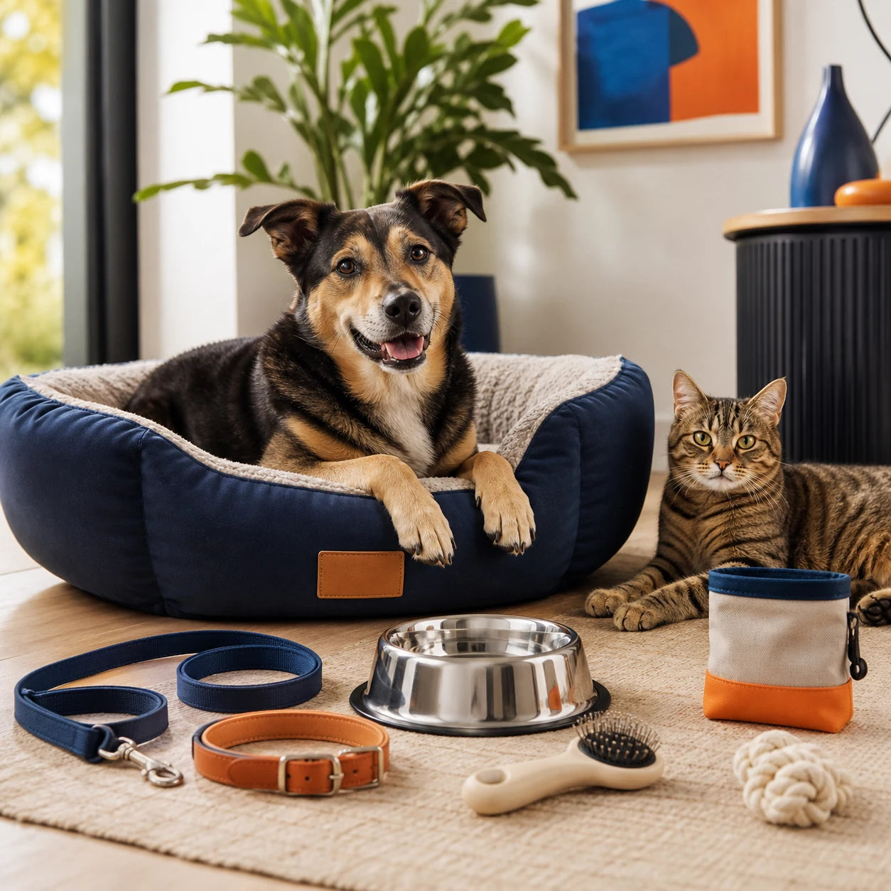 Perro y gato junto a artículos de juego y cuidado